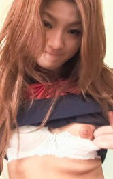 Asian Schoolgirl Bikini - Maya Asian doll takes panty off and rubs her cunt in the mirror